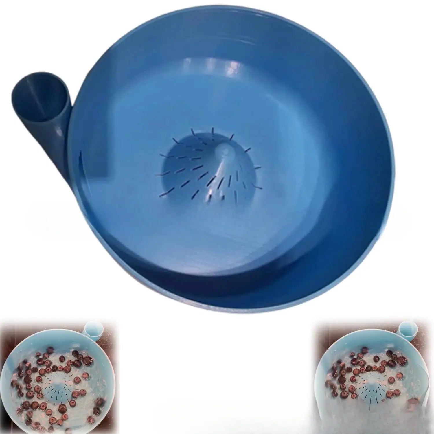 Entonnoir en plastique bleu avec bec verseur et orifices de drainage centraux, destiné à être utilisé dans un ensemble de bol de lavage de fruits et de presse-agrumes.