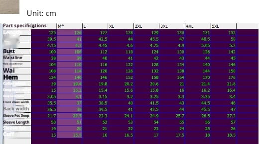 purple table displaying size chart for women’s abstract v neck patterned maxi dress