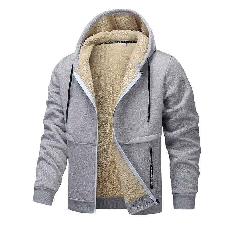Herren-Schwergewicht-Sherpa-Fleecepullover mit Reißverschluss, innen mit Sherpa gefüttert, in grau mit beigem Sherpa-Innenfutter und schwarzen Kordeln.