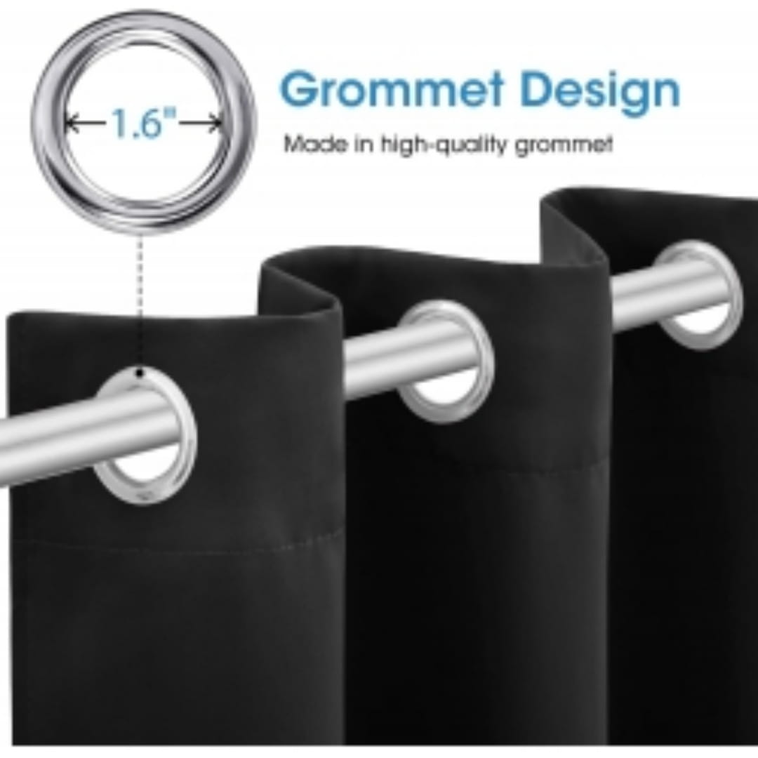 Blackout curtains 3 layer grommet pair 132cm x 114cm featuring black fabric with silver-toned 1.6 inch diameter grommets designed for a sleek modern look.