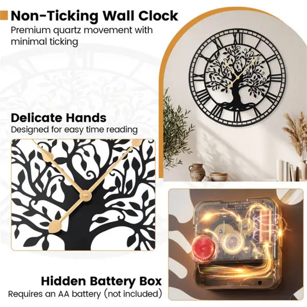 Horloge murale en métal noir présentant un design « Arbre de vie » et des chiffres romains, mesurant 27 pouces.
