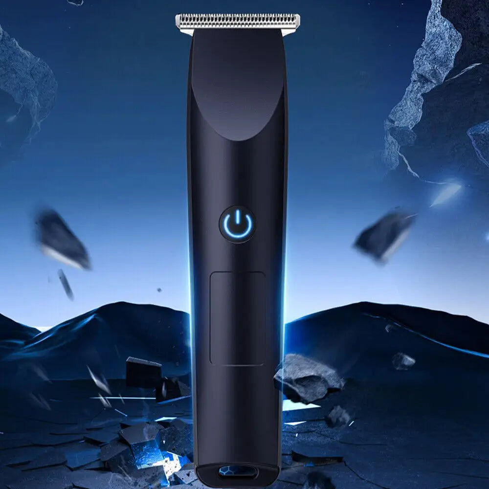 Black cordless electric hair clippers beard trimmer set with a sleek modern design and a glowing blue power button.
