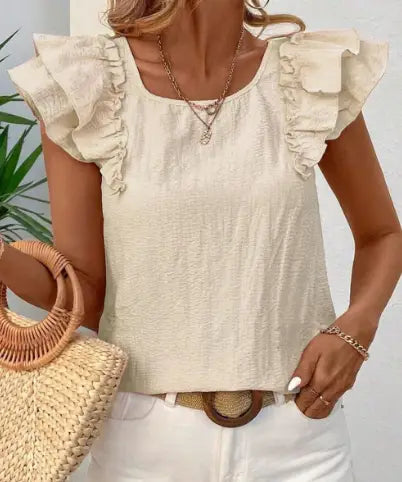 Beige textured fabric blouse with square neckline and ruffled short butterfly sleeves.