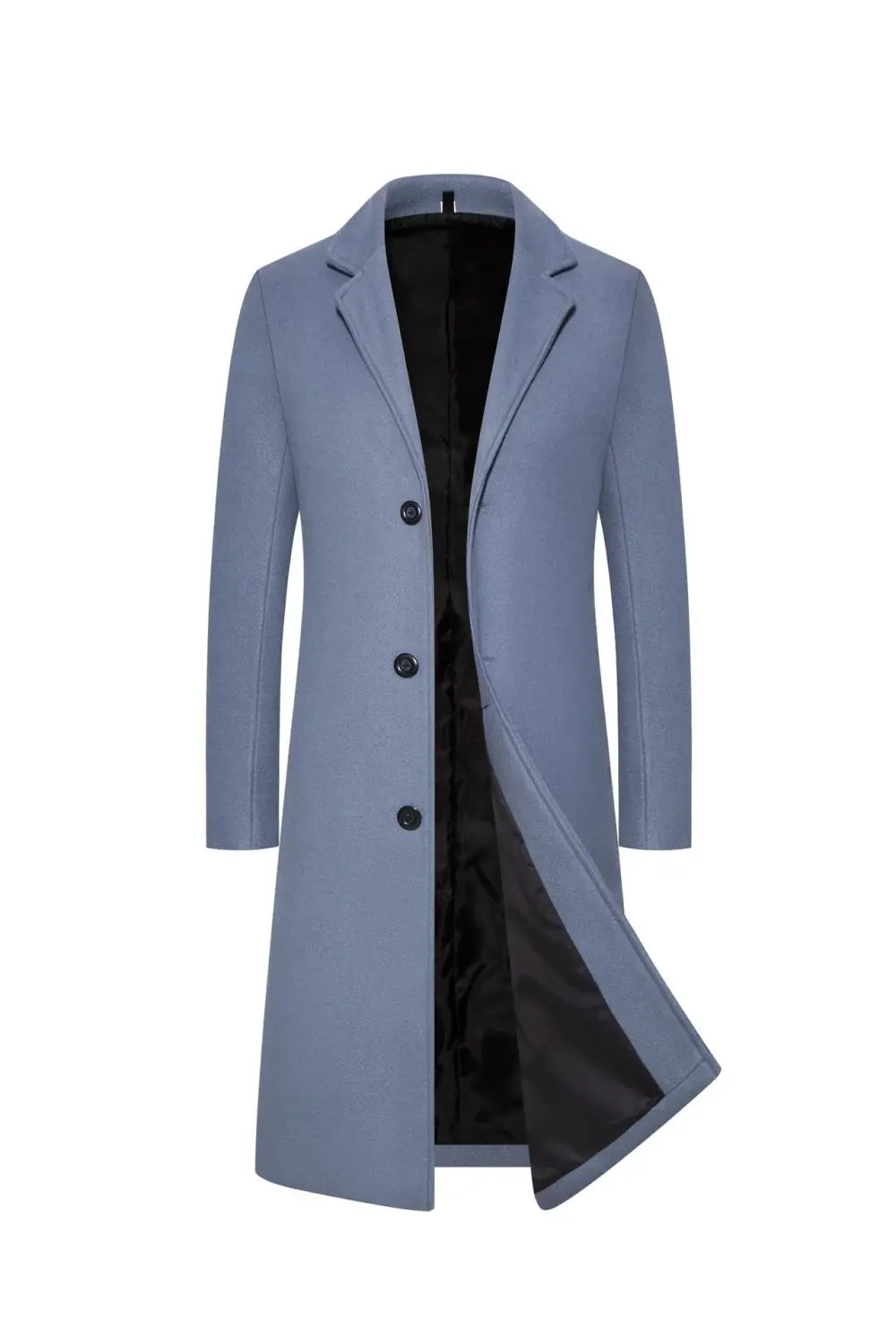 A sleek light blue wool trench coat mens mid length thick winter jacket with a notched collar and three black buttons.