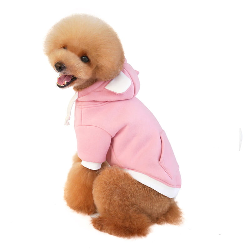 Rosa Fleeceshirt-Jacke für Hunde mit Bärenohren, mit Kapuzen-Design und weißen Zierleisten sowie Bündchen für Wärme und Stil