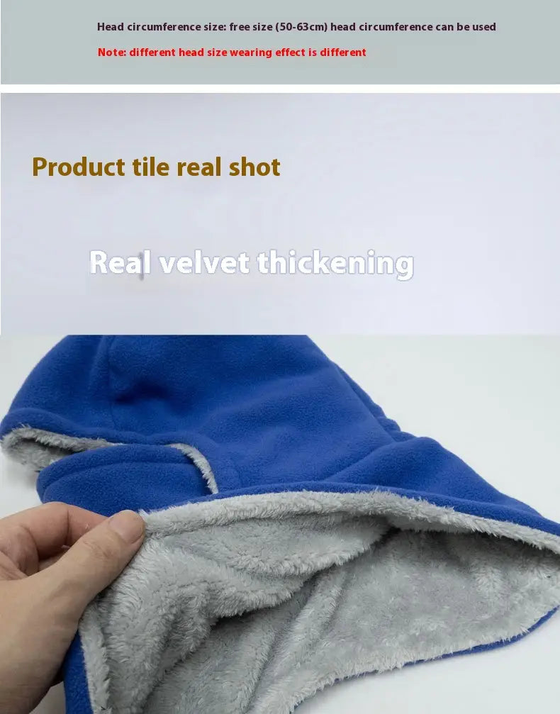Blue and gray fleece hooded balaclava winter thermal hat with fleece lining and real velvet thickening for cold weather use.