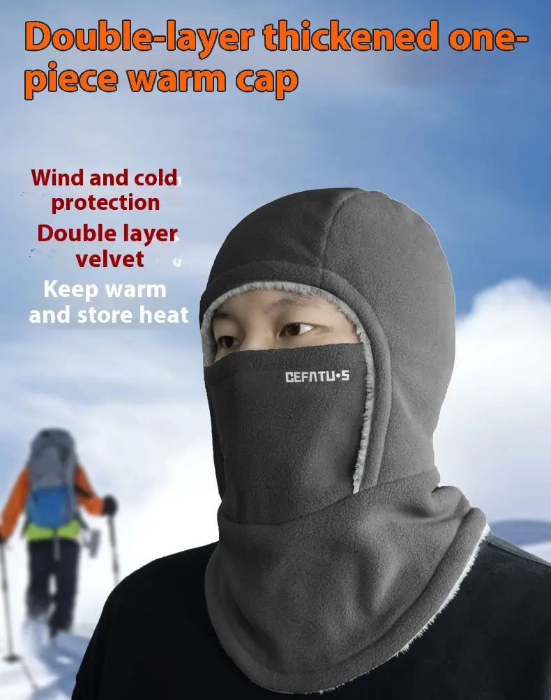 Gray fleece hooded balaclava winter thermal hat made of double-layer velvet with a soft insulated design for wind and cold protection.