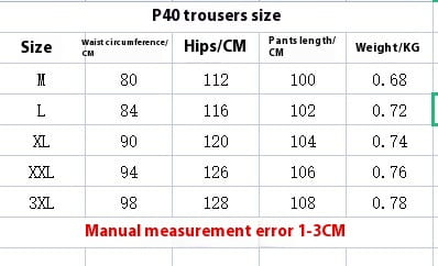 Pantalons tactiques P40 pour hommes, multi-poches, pantalons militaires, tableau des tailles indiquant les mesures pour les tailles M à 3XL, avec une note sur l’erreur de mesure manuelle.