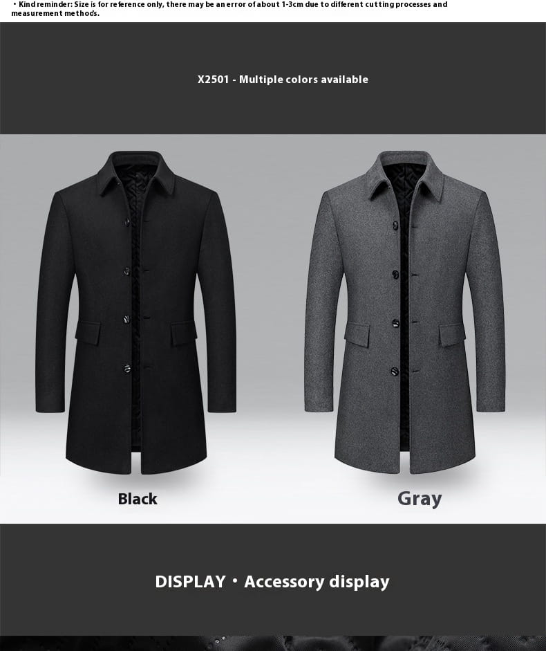 men woolen overcoats with quilted lining in black and gray featuring classic collars front button closures and two side pockets