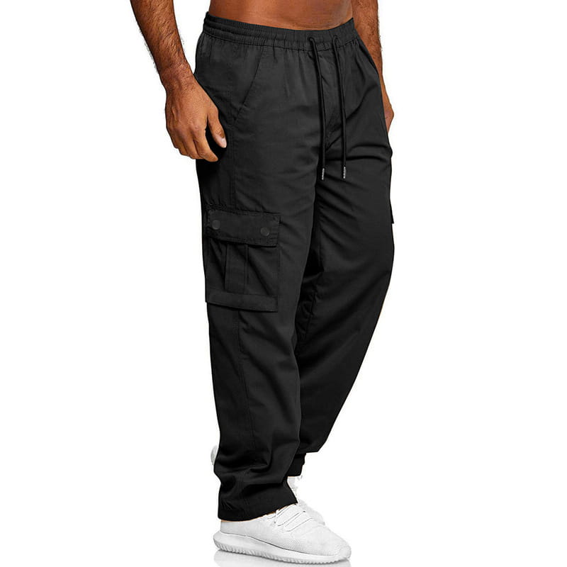 Mens straight leg cargo work pants in black with a drawstring waist and multiple pockets.