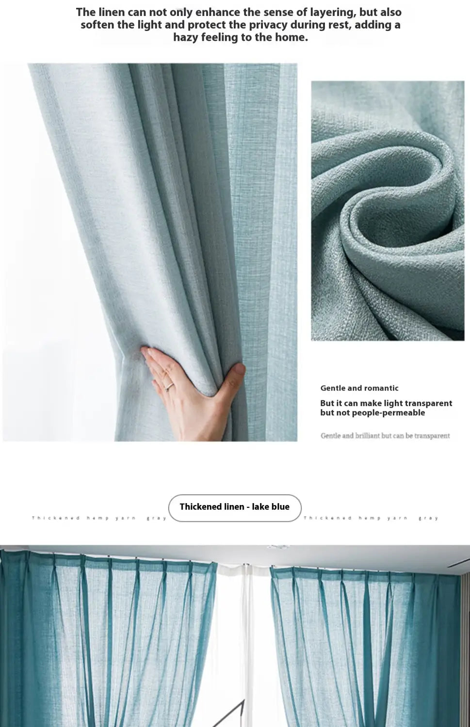 Light blue thickened linen textured sunscreen curtains with a soft gentle texture and subtle sheen for home use.