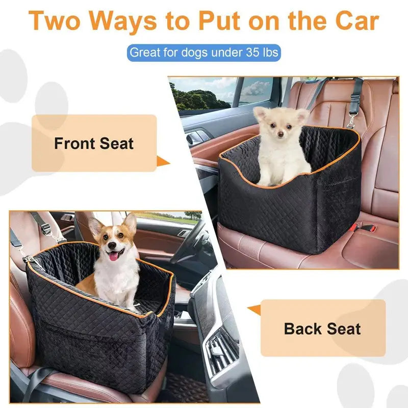 Black quilted elevated pet car seat with orange trim made of memory sponge designed for dogs under 35 lbs