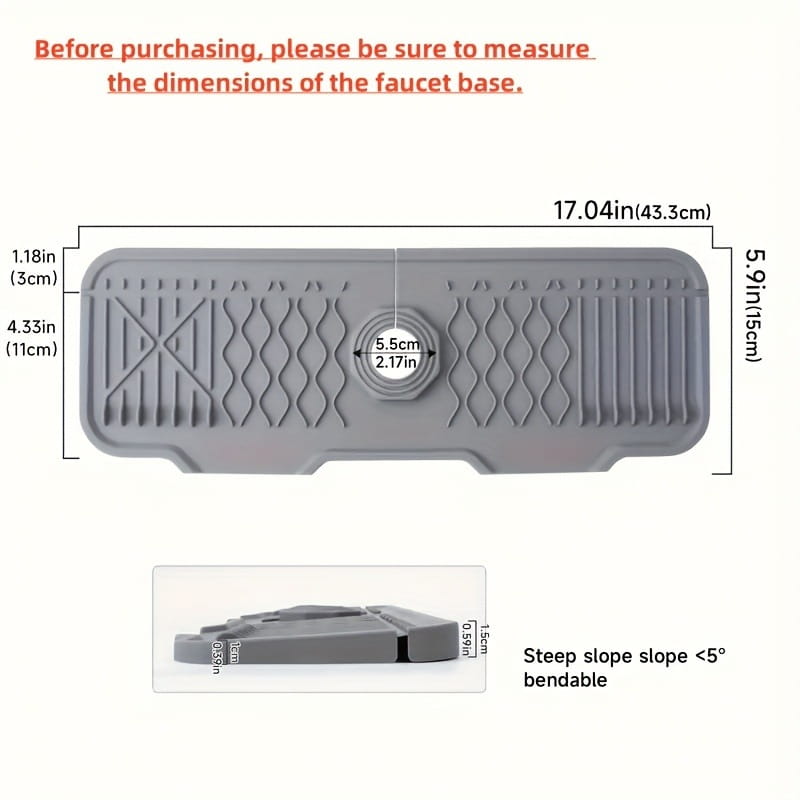 Gray silicone self draining kitchen sink faucet mat base with textured wavy ridges and a central circular mounting hole.