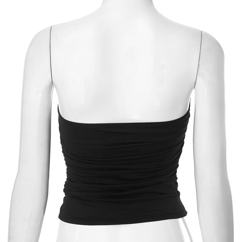Black ruched strapless keyhole crop top made from lightweight fabric ideal for casual and evening wear.