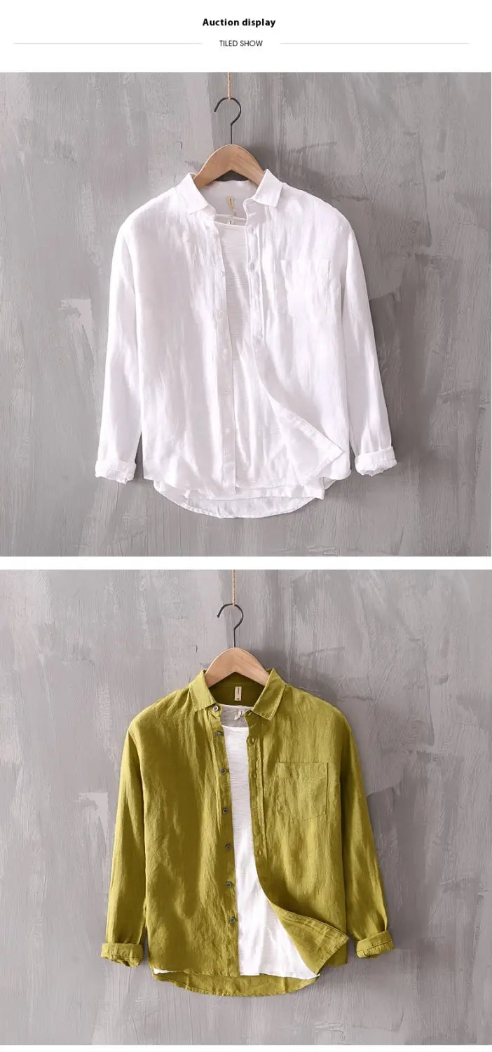 Herren-Cotton-Linen-Freizeithemden mit langen Ärmeln in Weiß und Olivgrün, mit leichtem Leinenstoff und umgeschlagenen Ärmeln.