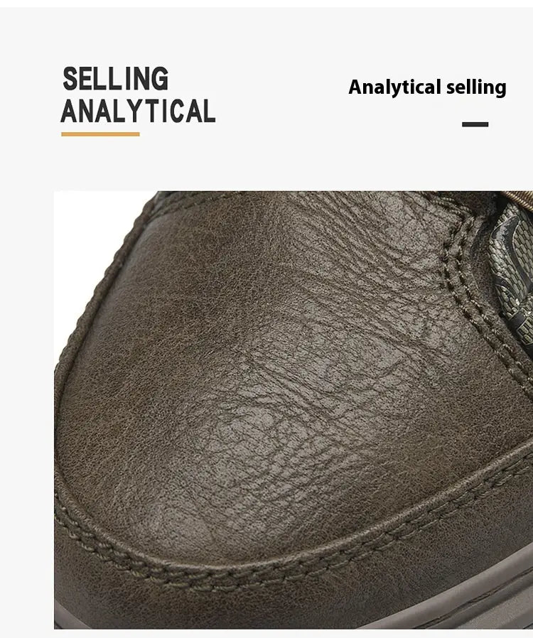 Baskets pour hommes en cuir brun foncé, sans lacets, décontractées à semelle épaisse, avec coutures visibles et surface texturée.