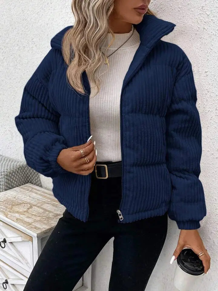 Navy blue ribbed corduroy puffer jacket with a hood for plus size women winter coat.