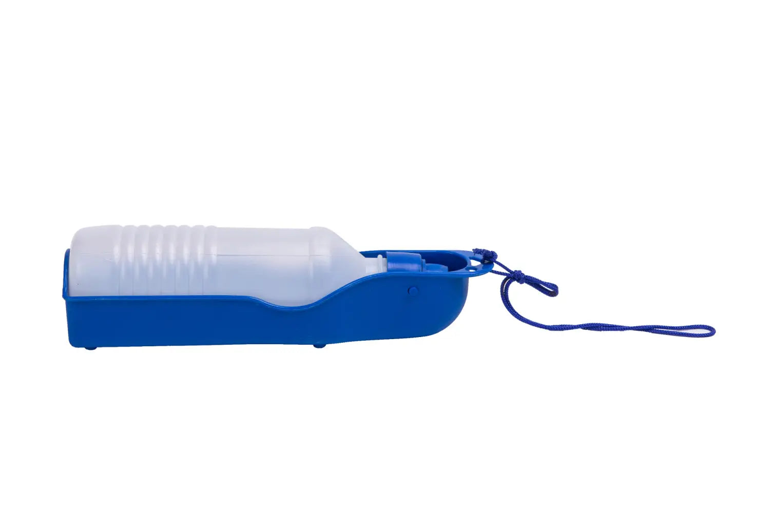 blaue tragbare Trinkflasche für Haustiere aus Kunststoff mit transluzent-weißem Deckel und Handgriff für Reisen und Spaziergänge im Freien.