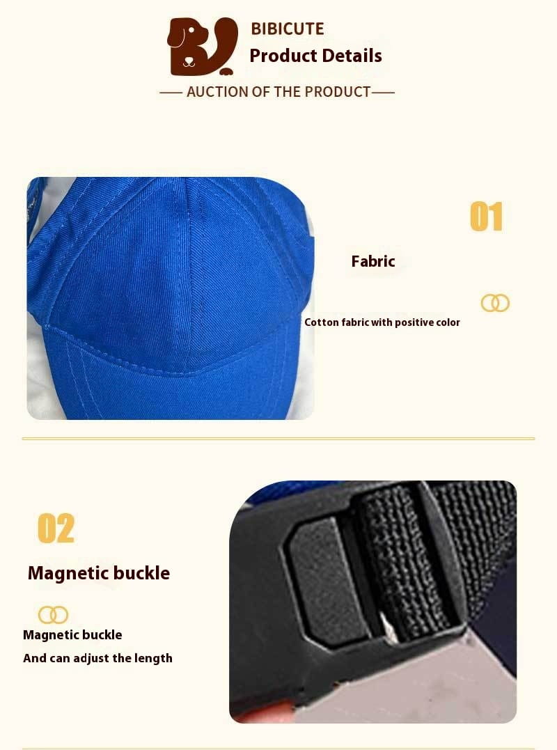 bright blue cotton adjustable sun proof pet hat with ear holes and magnetic buckle closure shown from the back side