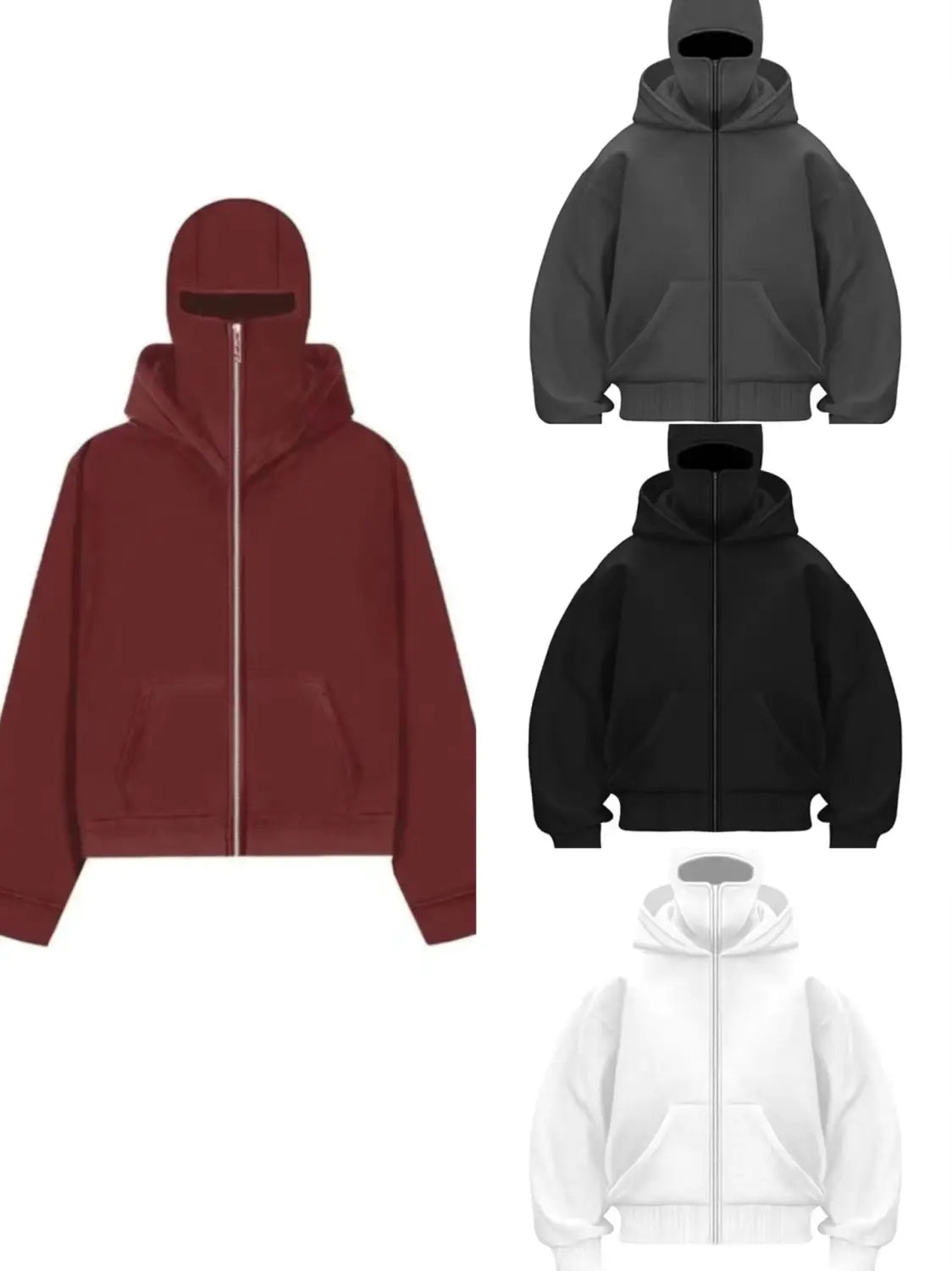 A maroon men’s streetwear hooded fleece zip up baseball jacket with a hood and front pockets.