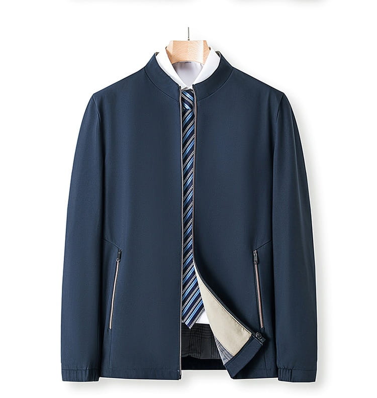 Navy blue lightweight men casual polo bomber jacket with a white inner collar and striped tie visible underneath.