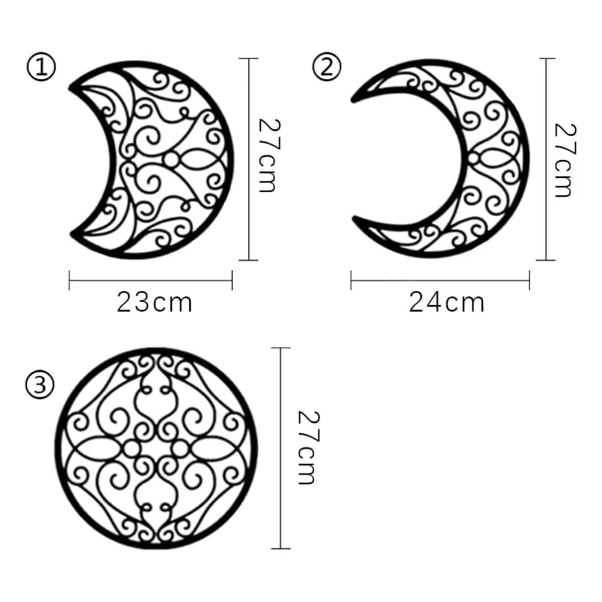 Moon phase wall art 5 piece black metal decor featuring black wrought iron decorative crescent moon and circular designs for wall decoration.