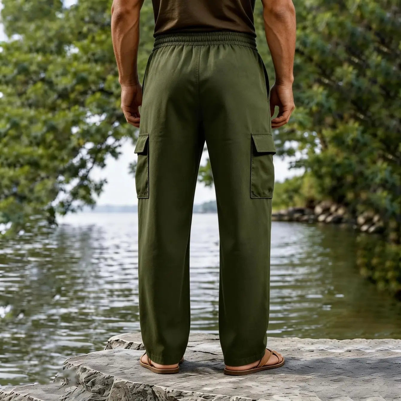 men cotton linen cargo pants casual straight leg olive green with elastic waistband and side pockets