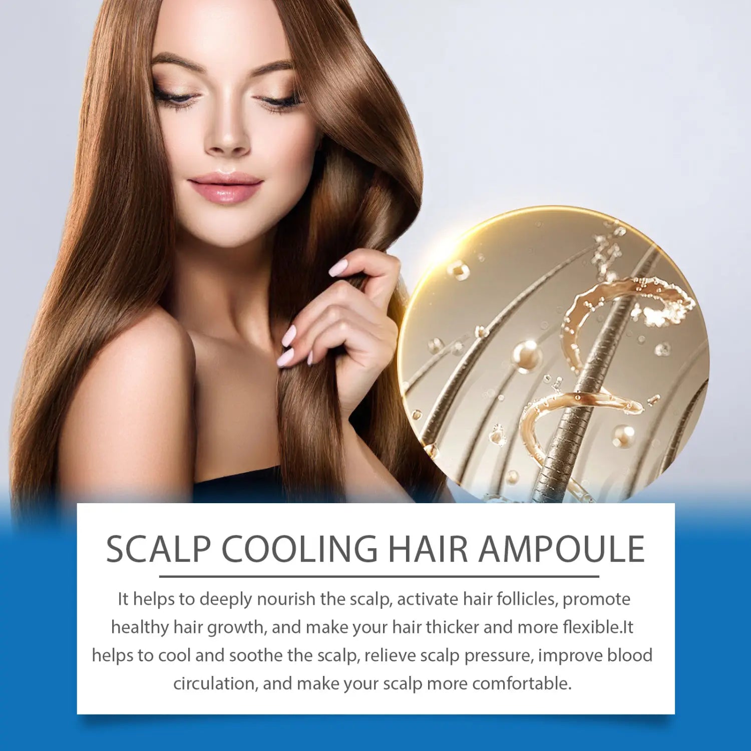 A golden circular scalp cooling hair ampoule vitamin b5 repairing essence with sleek design and droplets of liquid swirling around hair follicles.