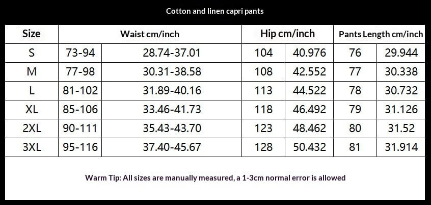 pantalons capri à jambe large en coton lin, présentés avec des mesures de taille en centimètres et en pouces pour les tailles s à 3xl