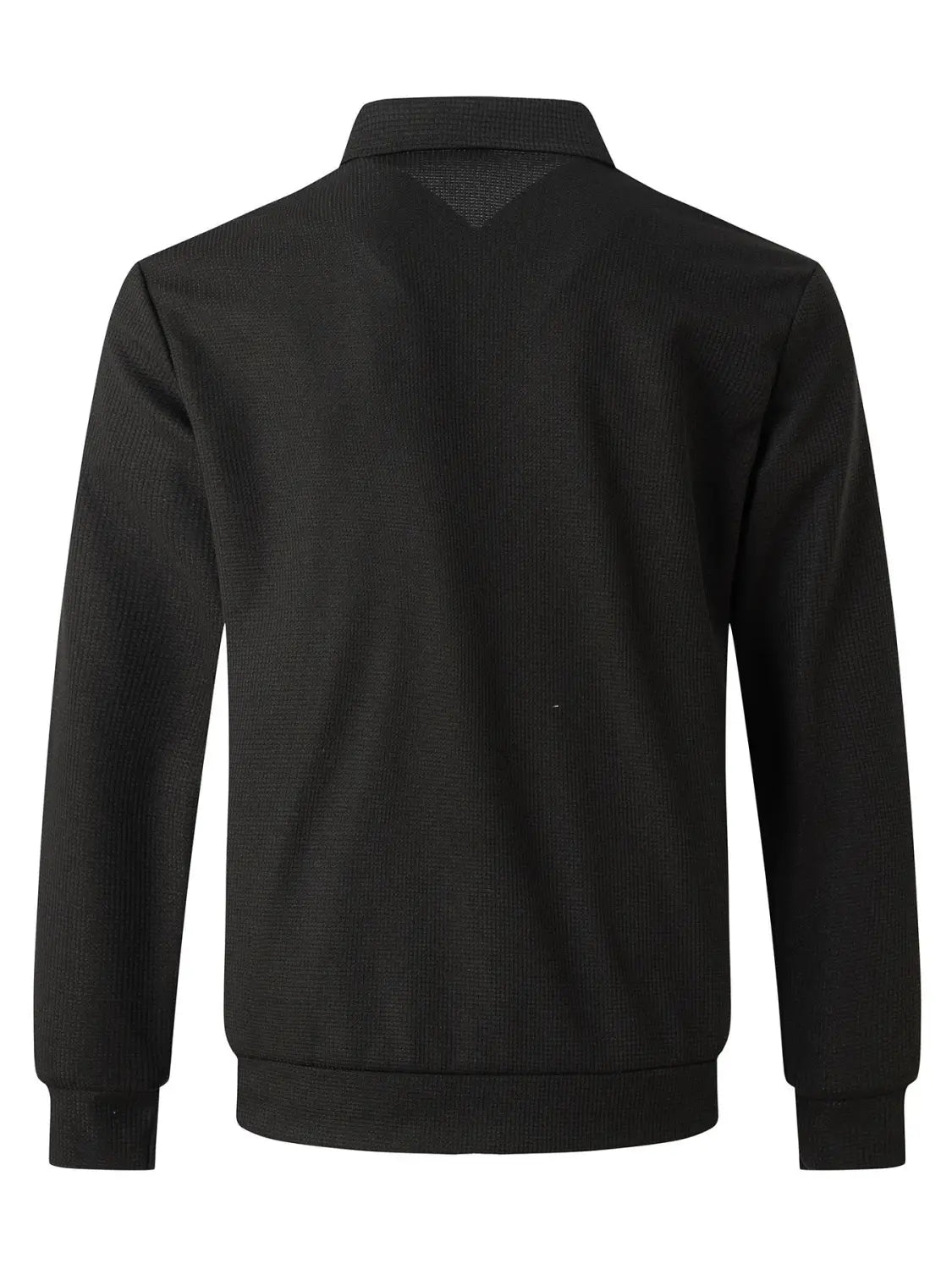 black waffle knit zip cardigan jacket with a textured knit fabric, collar, and ribbed cuffs for men