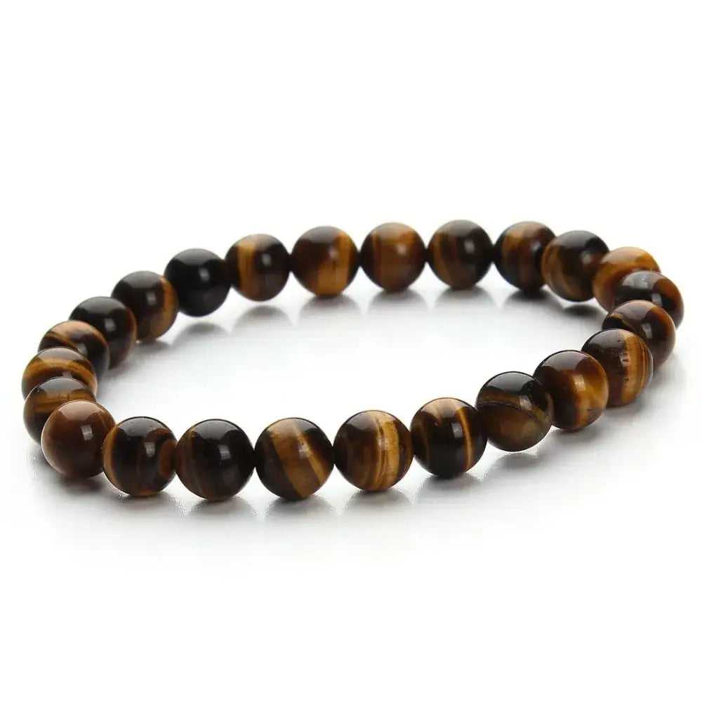 Natural polished gemstone and agate beaded bracelet featuring a smooth round tiger eye bead design with a polished finish and natural brown and gold striped pattern.