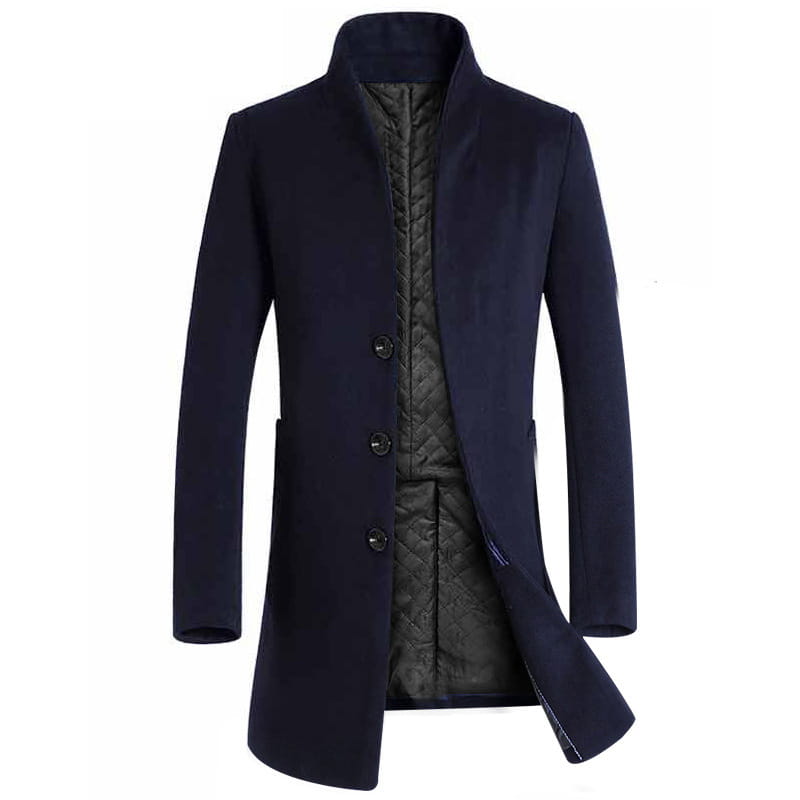 Men slim woolen trench coat in dark navy with quilted black inner lining and three dark buttons.