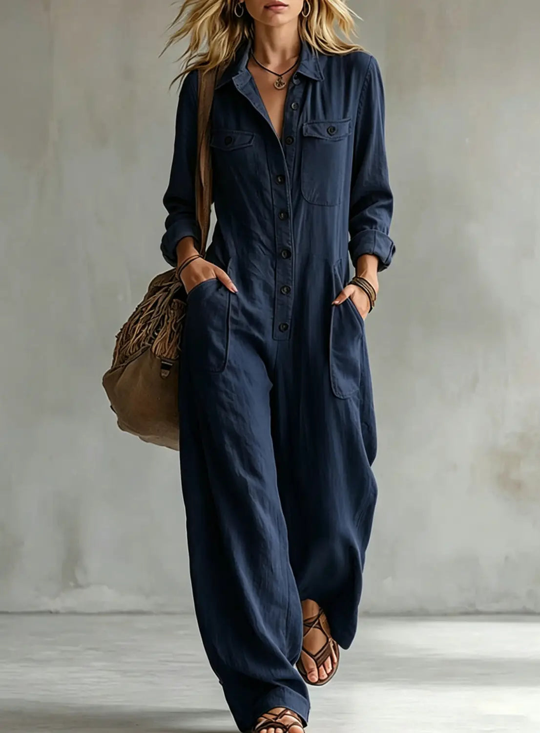 Dunkelblauer Leinen-Casual-Jumpsuit mit langen Ärmeln, zwei Brusttaschen und gekrempelten Abschlüssen, für die Arbeitskleidung konzipiert.