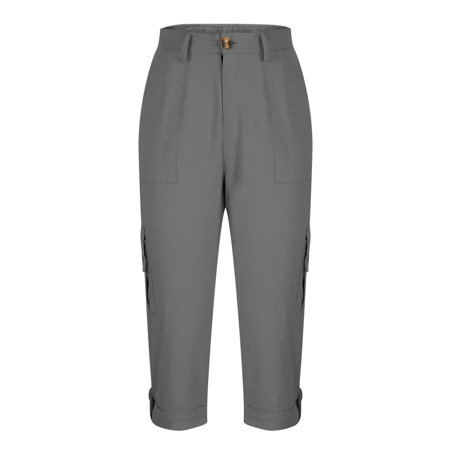 Pantalon capri cargo gris avec fermeture boutonnée à la taille haute et ourlets retroussés, conçu pour un usage décontracté
