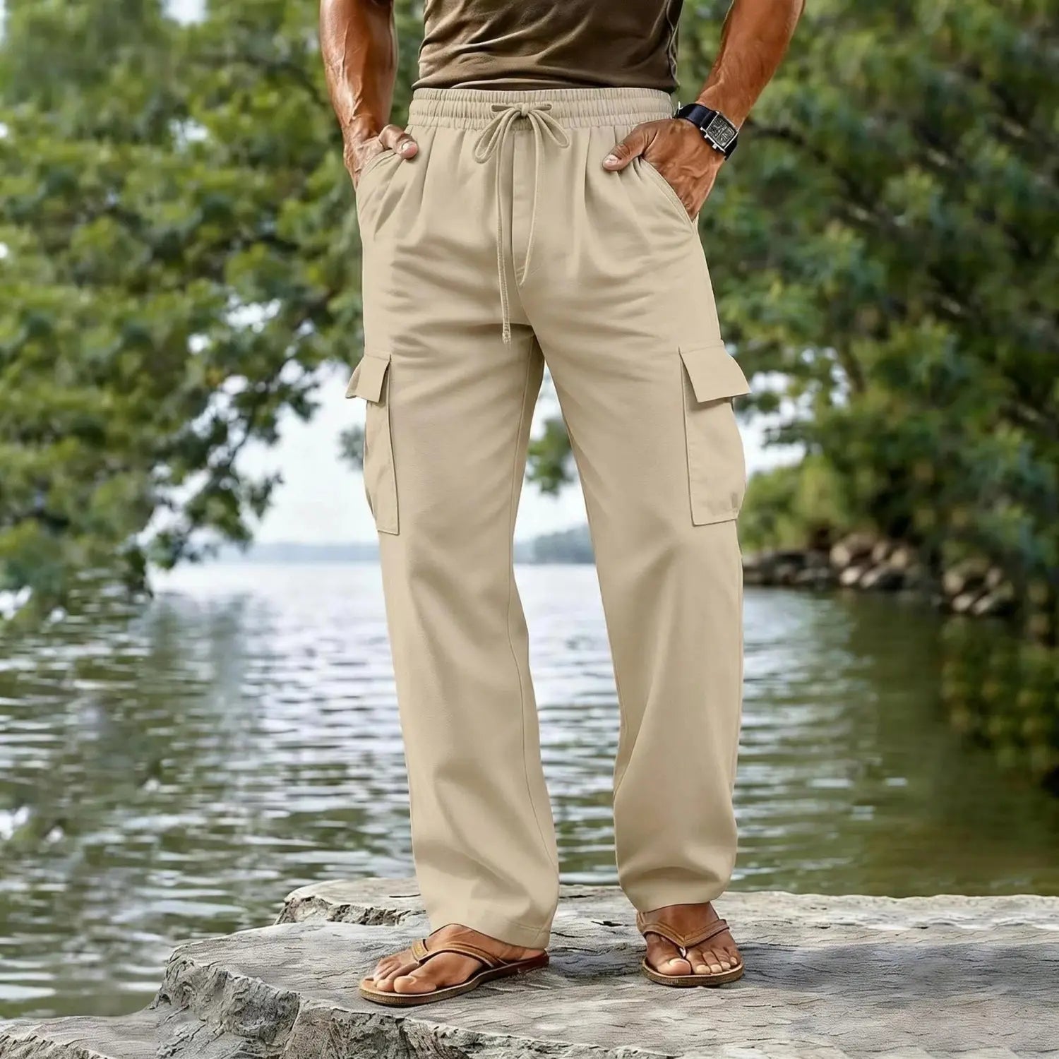 Beige men cotton linen cargo pants with a drawstring waist and side pockets designed for casual wear with a straight leg fit.