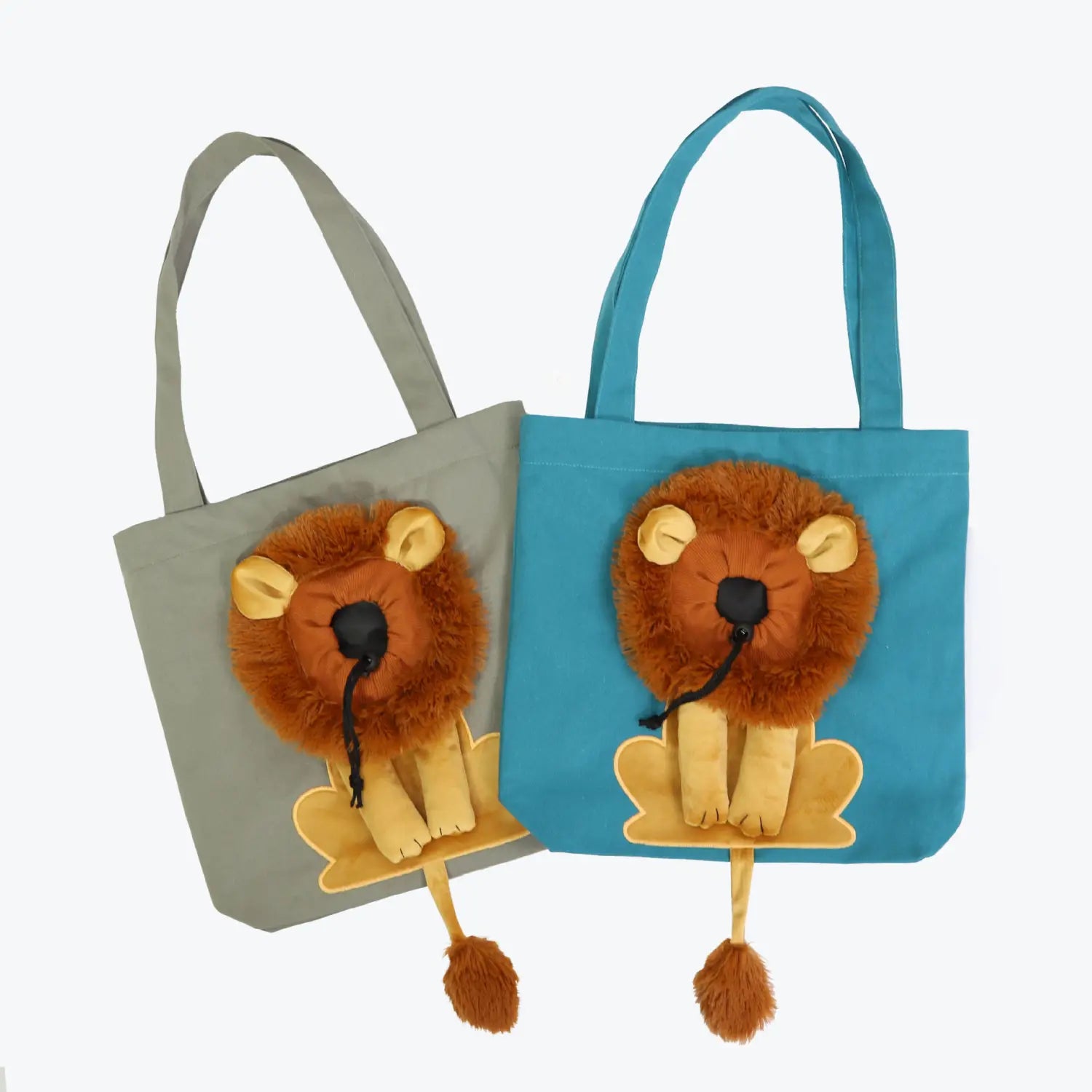 Two plush lion design portable pet carrier bags in gray and teal featuring a 3d brown furry lion face with yellow ears and paws.