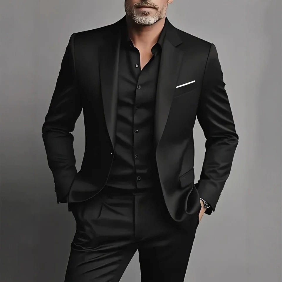 Men slim fit satin suit two piece in black with a sleek tailored fit and subtle sheen.