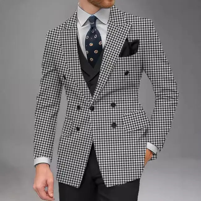 A stylish black and white houndstooth men double breasted slim suit jacket with a classic tailored fit.