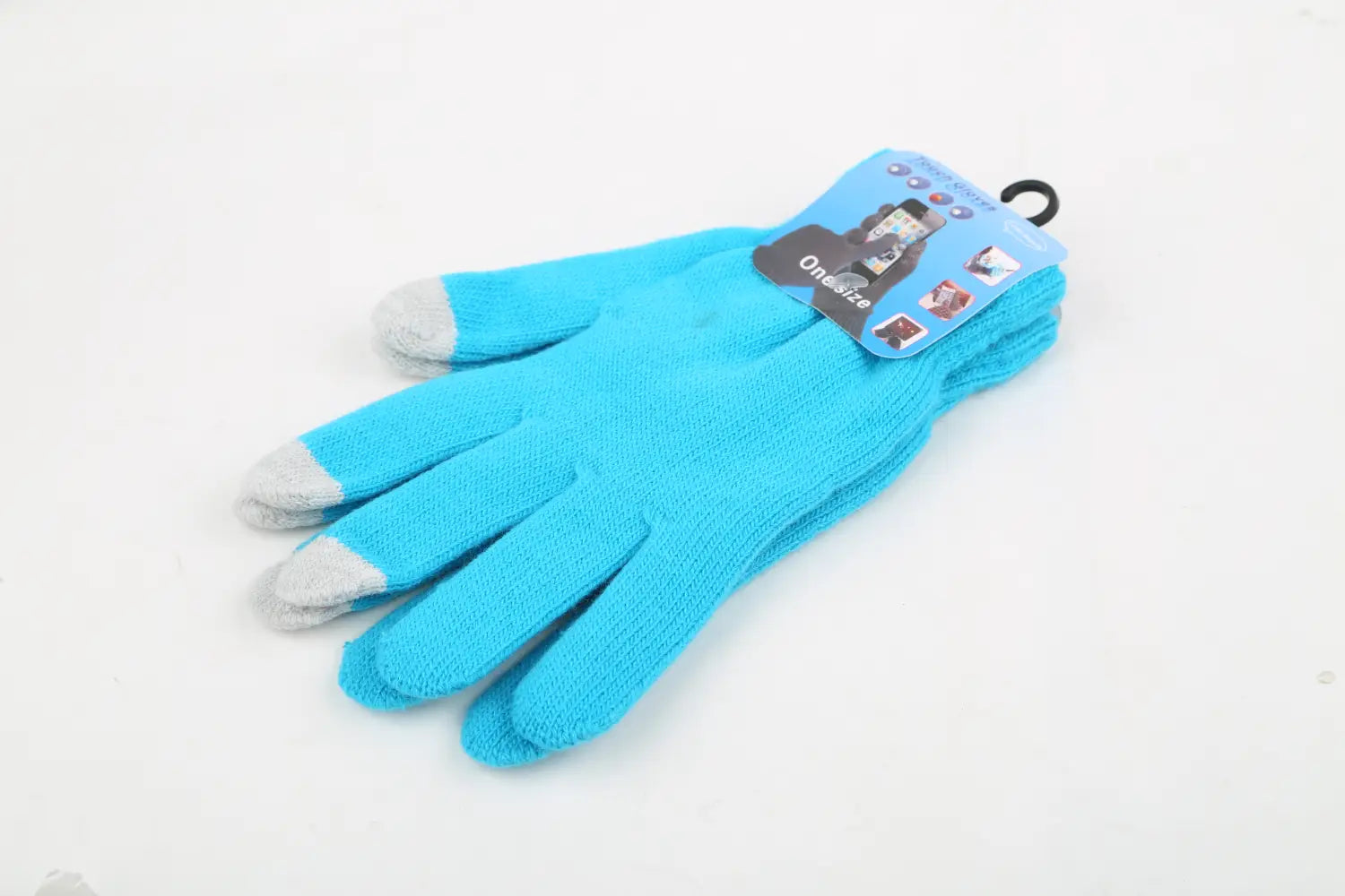 Leuchtend blaue Touchscreen-Winterstrickhandschuhe mit grauen Fingerspitzen, ausgelegt für die Smartphone-Nutzung, von der Rückseite gezeigt.