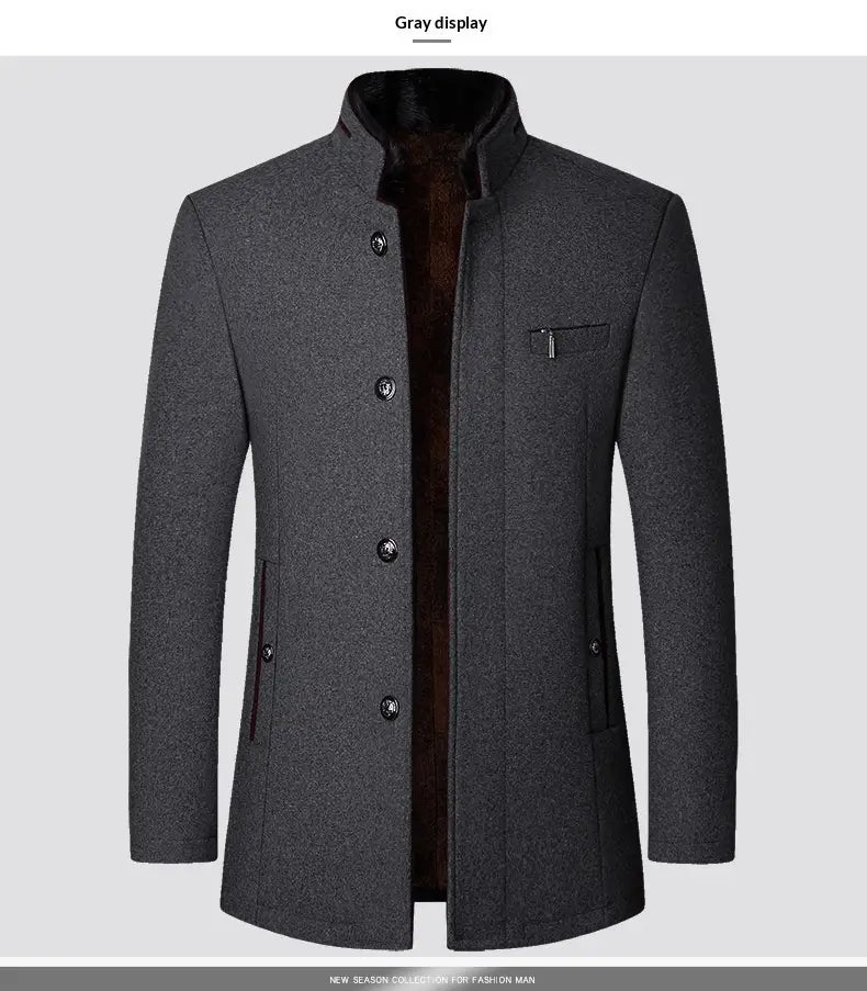 Dark gray woolen mens casual jacket with a high stand collar and brown fur lining.