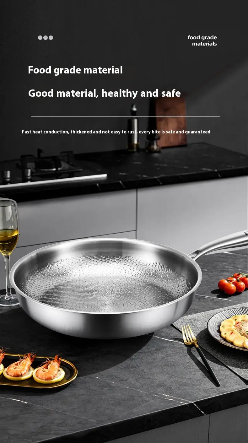 Silver hammered stainless steel titanium non-stick frying pan with lid featuring a sleek modern design and sturdy handle.
