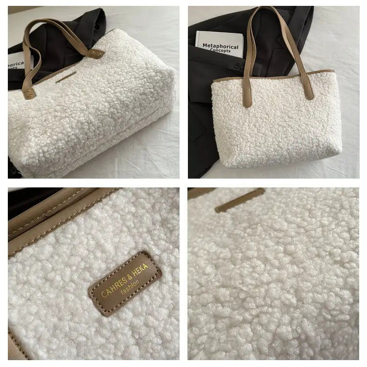 brown faux fur tote bag with white fluffy shearling body, tan leather handles, and a matching leather brand patch