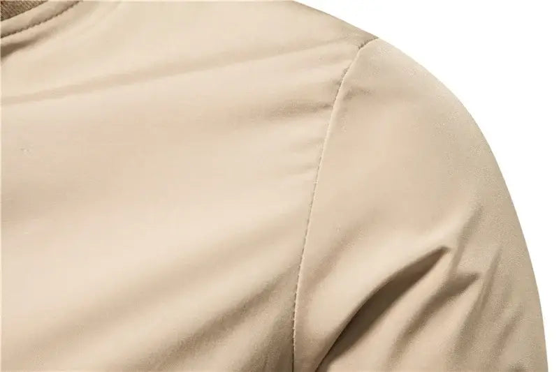 Men’s bomber jacket casual zip outerwear in beige with smooth lightweight fabric and clean stitching.