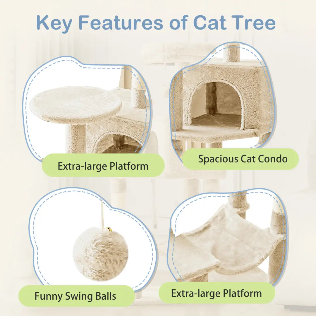 Beige 44 inch multi-level cat tree tower with carpeted platforms, cozy condo, sisal posts, and dangling plush swing balls.