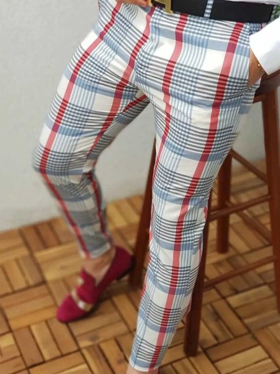 men plaid casual trousers slim fit check pants in red blue and white plaid pattern designed for a stylish and comfortable casual look