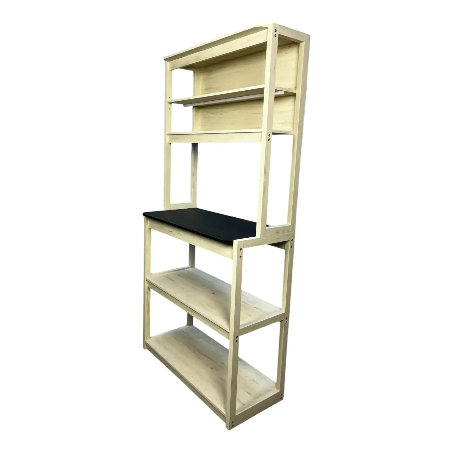 Light-colored wooden 5-tier kitchen bakers rack microwave stand in white and black with a black mat on the top shelf.