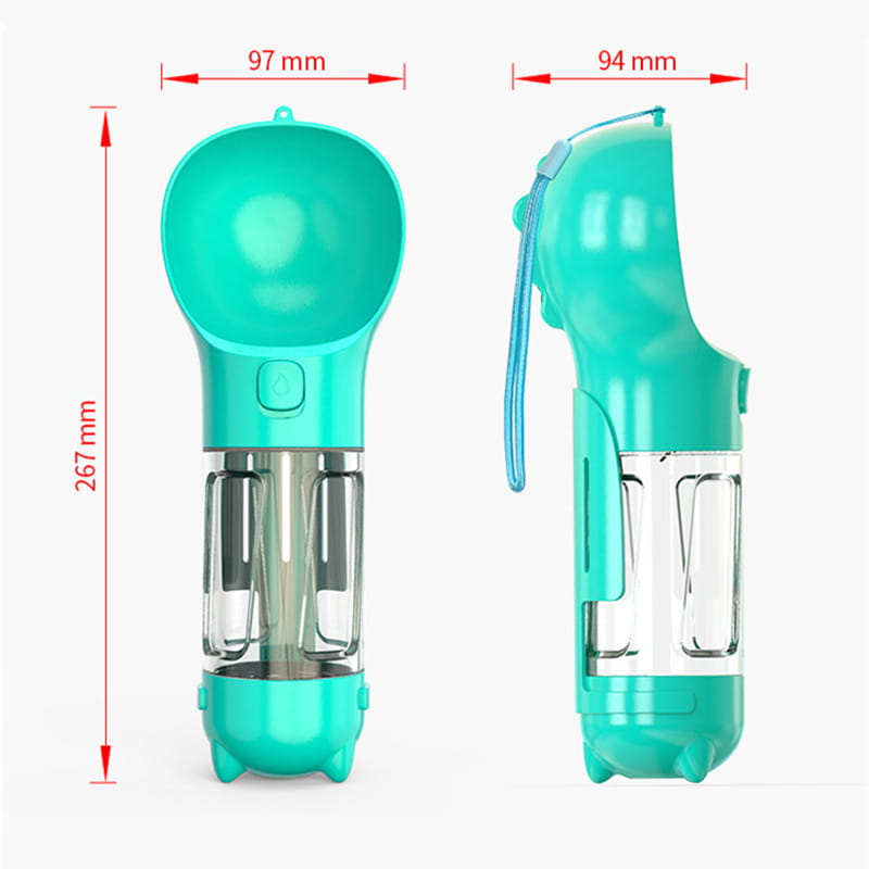 Bouteille d’eau portable 3-en-1 pour chien en plastique turquoise, avec pelle intégrée et réservoir transparent pour la distribution d’eau et de nourriture.