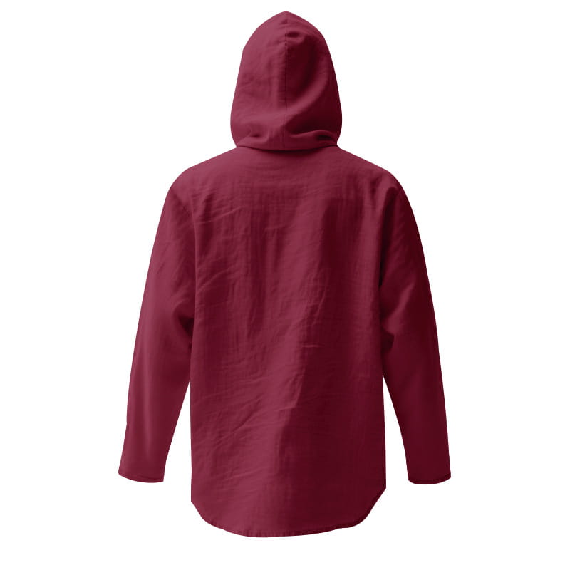 men linen hooded cardigan shirt in maroon with a relaxed fit long sleeves and hood made from breathable linen material