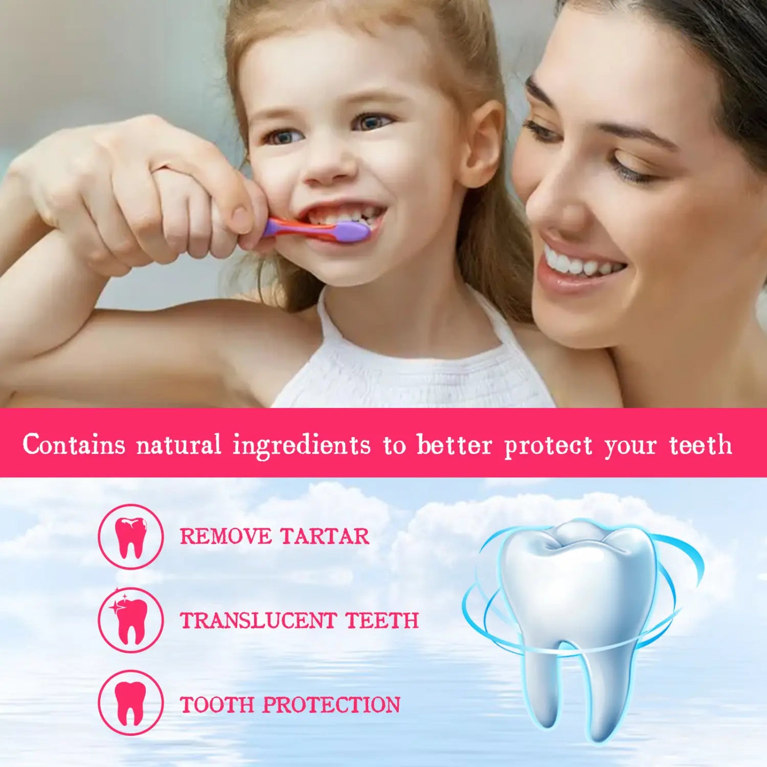 A child’s toothbrush with a purple handle and soft bristles being used by an adult to brush teeth with kids foam toothpaste 60ml cavity protection blueberry flavor.