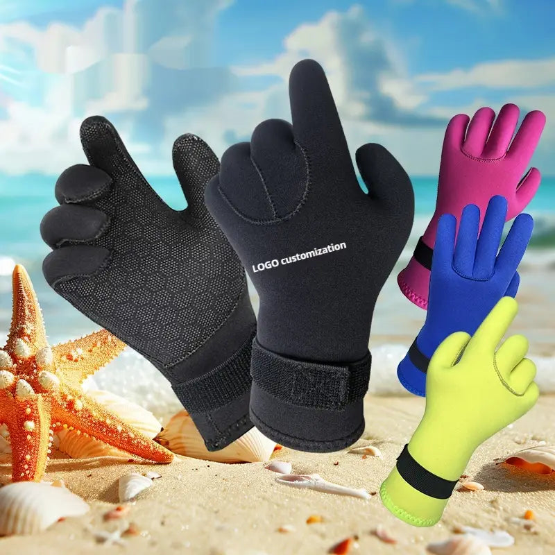 Gants de plongée en néoprène noirs avec prise texturée et sangle de poignet réglable, présentés sur la face arrière, disponibles dans plusieurs couleurs vives, notamment rose, bleu et jaune néon, dans la gamme de produits de moufles de natation en néoprène 3 mm.